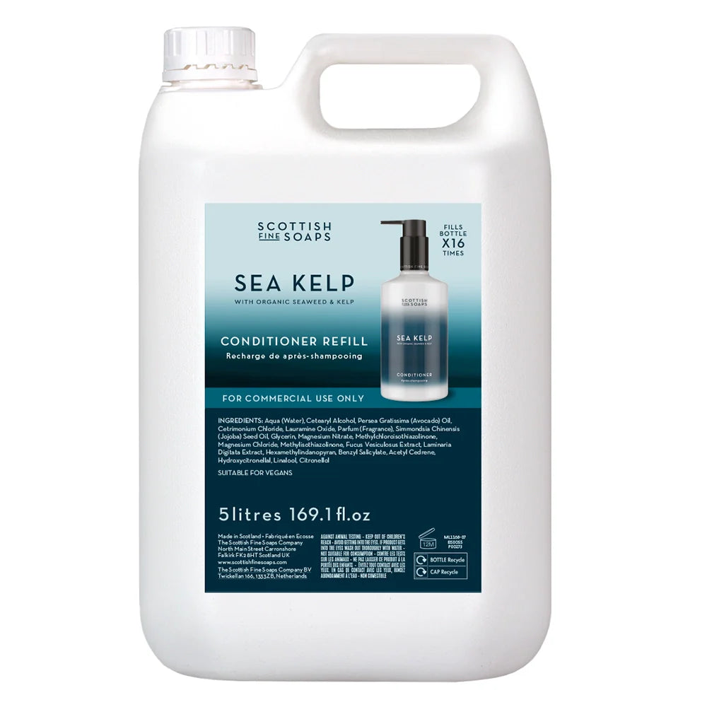A 5 litre white plastic container of Sea Kelp Conditioner with a label showing the brand and product name, designed for refilling Scottish Fine Soaps 300ml pump bottles or inbuilt dispensers.
